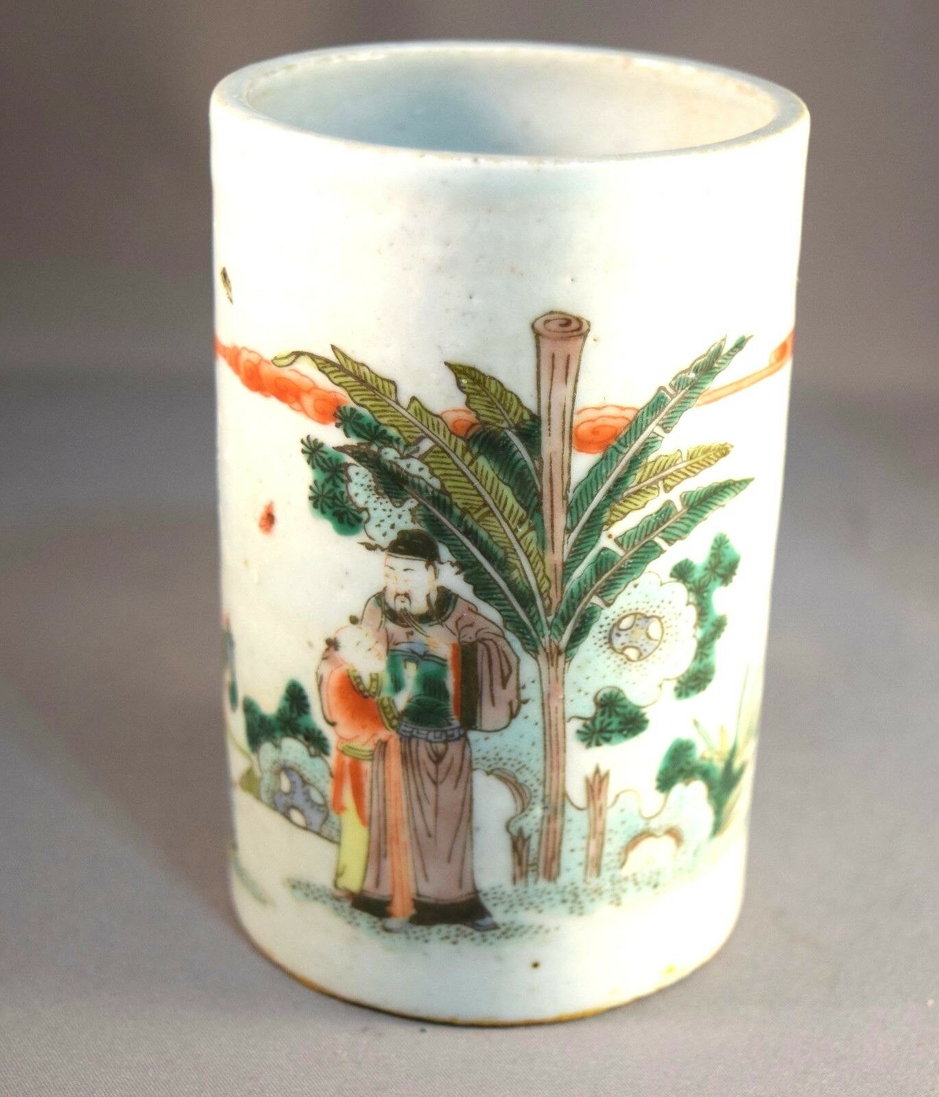 Antique Famille Verte Chinese Brush Pot W/trees And People! Vivid Colors!