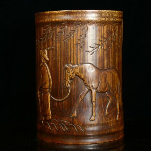 Chinese Antique Bamboo Hand Carved Decor Collections Brush Pot Office Supplies