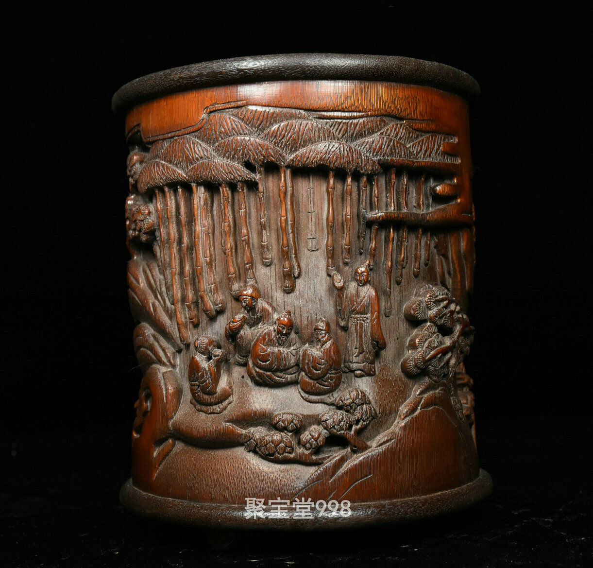 Old Chinese Wood Inlay Bamboo Carved Man Hermits Literati Scape Statue Brush Pot
