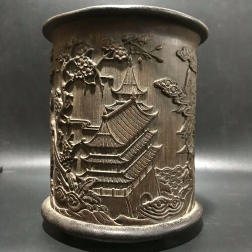 Chinese Bamboo Carving Antique Carved Brush Pot Pen Case Wood Statue Pine Money