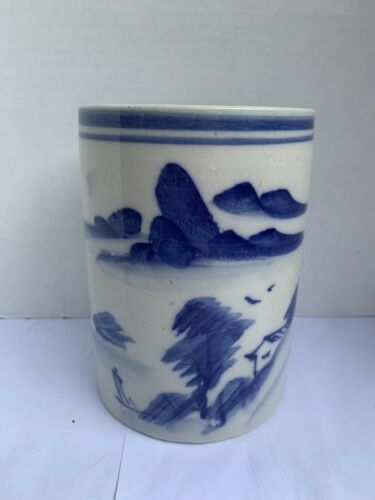 Gorgeous Vintage Chinese Porcelain Signed Blue  Brush Pot Moutain Lake Scene