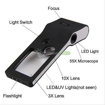 6 In 1 Led Pocket Magnifier 3x 10x Magnifier 55x Microscope Uv Light Lamp